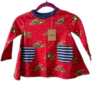 Mini Boden Red Woodland Deer Holiday Dress Long Sleeve Cotton Girls 2-3Y